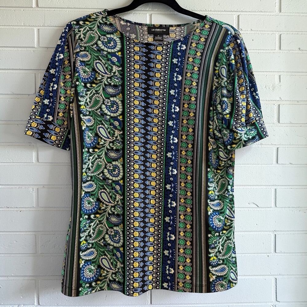 Liz Claiborne Paisley Print Knit Top Short Sleeve Stretch Blue Green Medium